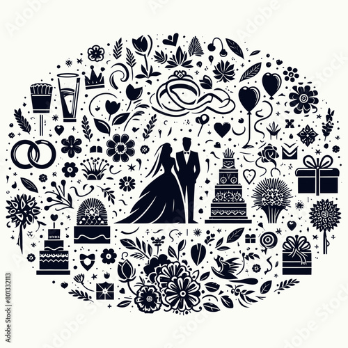 set of icons of accessories of wedding ceremony 