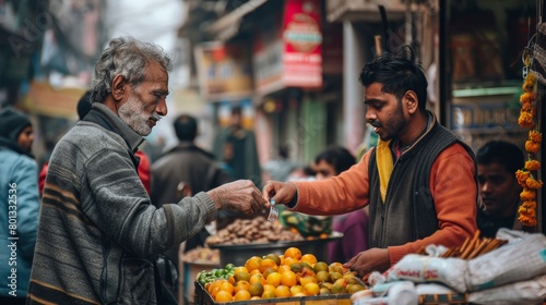 A street vendor handing change to a customer against a backdrop of city life photo