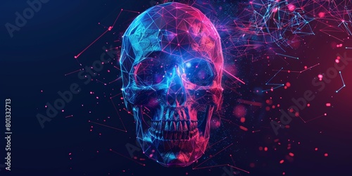 Iridescent skull and human anatomy model on black for science, medicine, and design. Detailed, colorful, holographic cranium artwork for art, cyberpunk, and neon graphics. photo