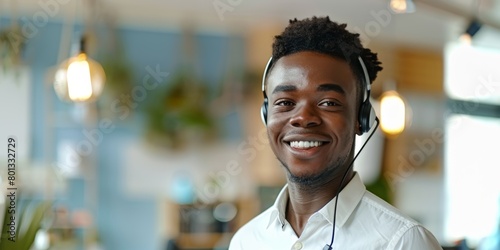 Black man with headset, smiling, consulting in office or desk. African American consultant, company, and telemarketing for tutor, webinar, and hot line.