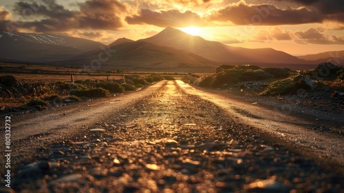 Low angle view of a deserted old paved road leading towards distant mountains, bathed in the warm glow of a setting sun,