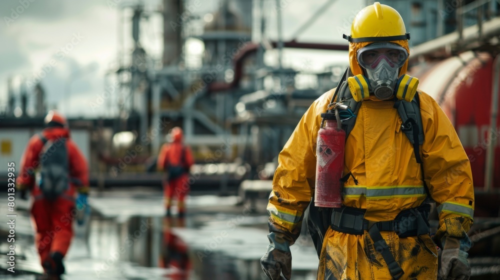 Initial Response: A real photo shot capturing the immediate response to a chemical spill in a chemical industry setting, showcasing emergency personnel assessing the situation. Initial Response: A real photo shot capturing the immediate response to a chemical spill in a chemical industry setting, showcasing emergency personnel assessing the situation.