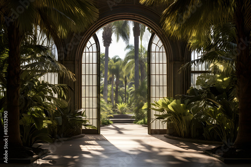 Dramatic entrance to a botanical garden  framed by majestic Fan Palm trees on either side    Generative Ai 