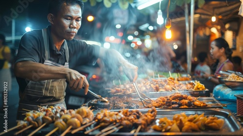A street vendor skillfully preparing food for eager customers photo