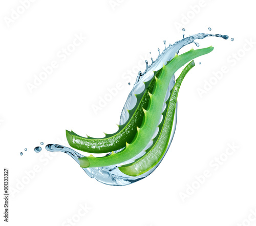 Sliced stems of aloe vera with water splash close up isolated on a white background © Krafla