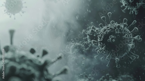 Detailed close-up of a virus depicted within air particles, immersed in a foggy grey ambiance for educational content on infection spread