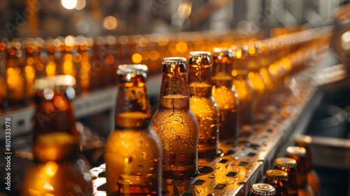 Labeling and Branding: A real photo shot of beer bottles or cans being labeled and branded with distinctive logos and designs, maintaining naturalness in the labeling process.