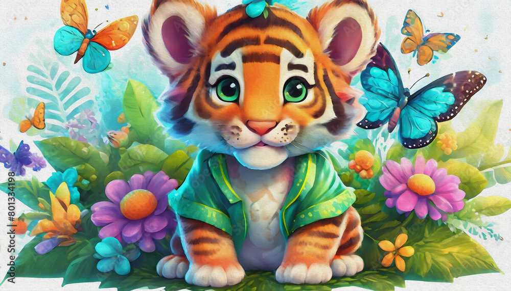 Naklejka premium oil painting style CARTOON CHARACTER CUTE baby Tiger cub with butterflies isolated on white background Close up