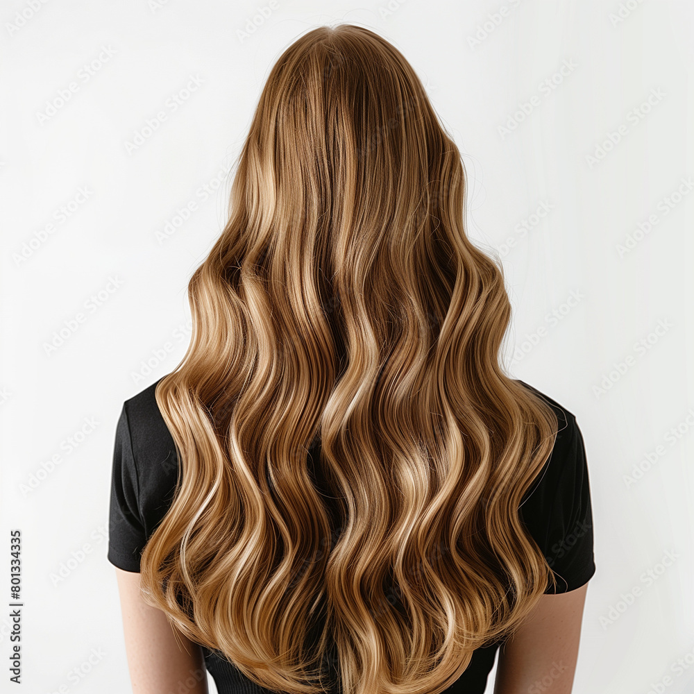 Naklejka premium Studio photo of shiny wavy balayage hair displayed against a white background, highlighting the elegant blend of colors and the lustrous, flowing waves of the hairstyle. 