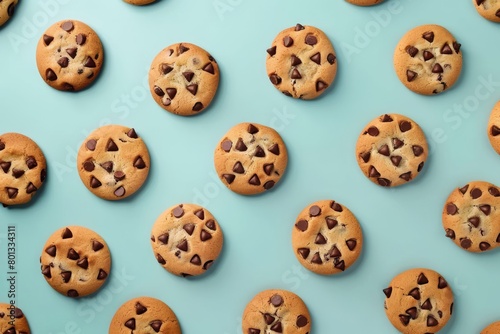 Scattered Delicious Chocolate Chip Cookies on Blue Background. Generative ai