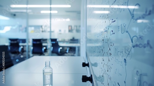 Artistic close-up of a biotech startup's meeting room, highlighting a whiteboard filled with complex biochemical formulas