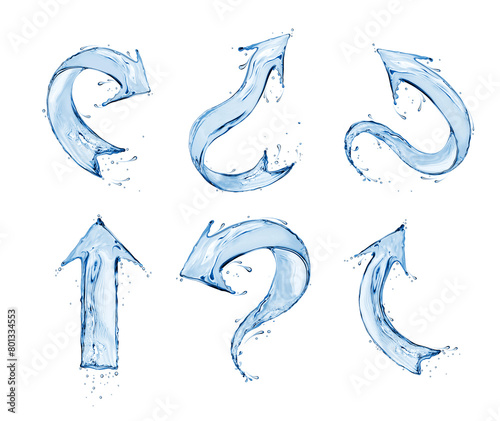 Set of various arrows made of water splashes isolated on a white background