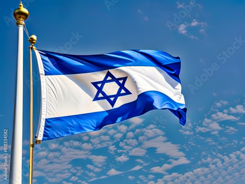 The silk waving flag of Israel with a flagpole on a blue sky background with clouds. A blue and white flag with the image of a cross.