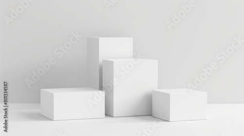 White podiums of different heights for product presentation on a white background.