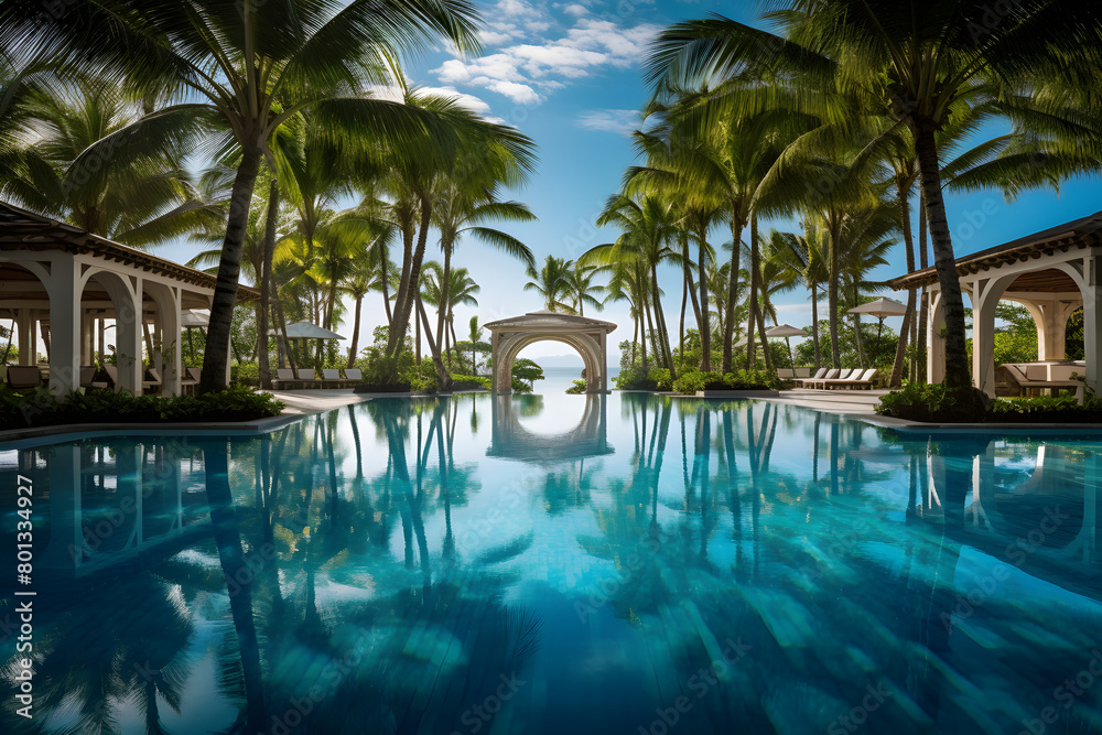 Luxurious resort pool surrounded by lush Fan Palm trees, reflecting in calm blue water     Generative Ai,