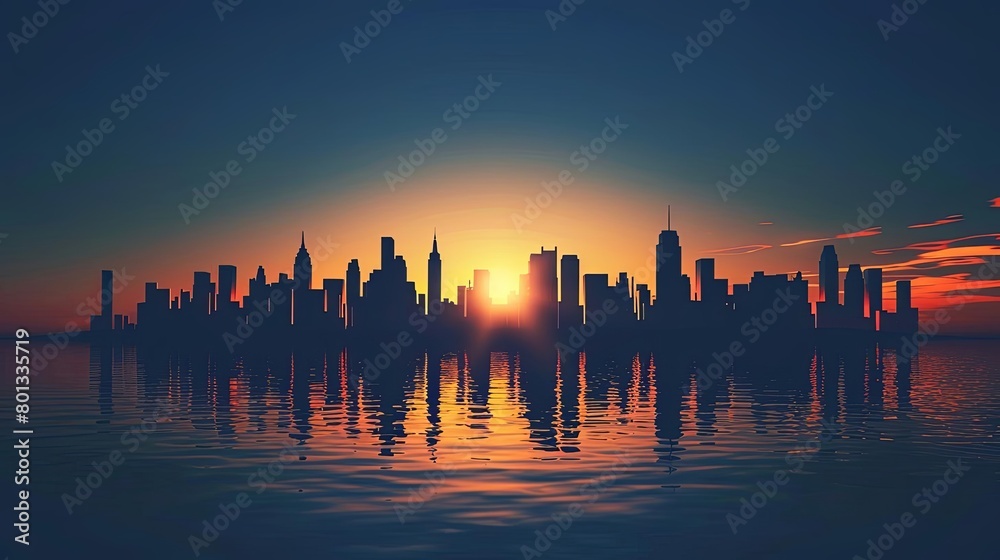 a serene cityscape reflected in calm blue waters under a clear blue sky