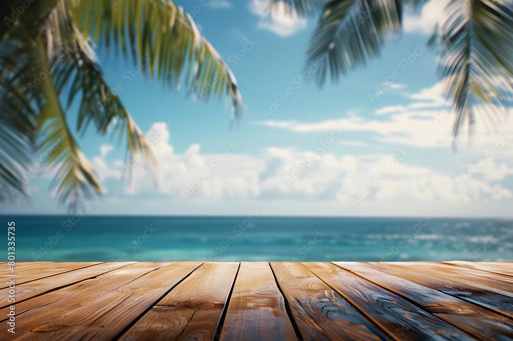 Empty wooden table on blurred tropical sea and sky background Empty wooden table on blurred tropical sea and sky background