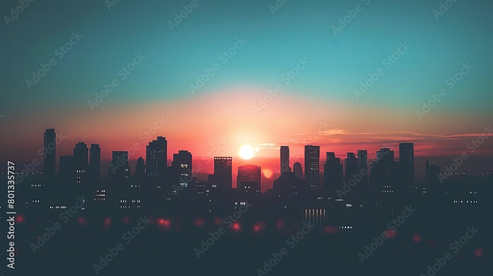 a stunning sunset over a bustling cityscape, with towering buildings and a clear blue sky