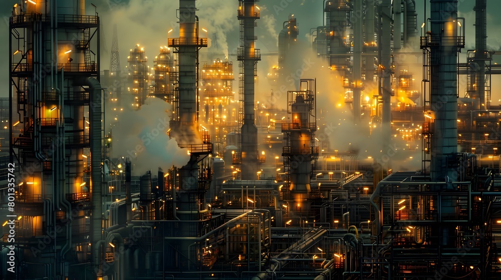 An intricate industrial maze aglow with nocturnal fire An intricate industrial maze aglow with nocturnal fire