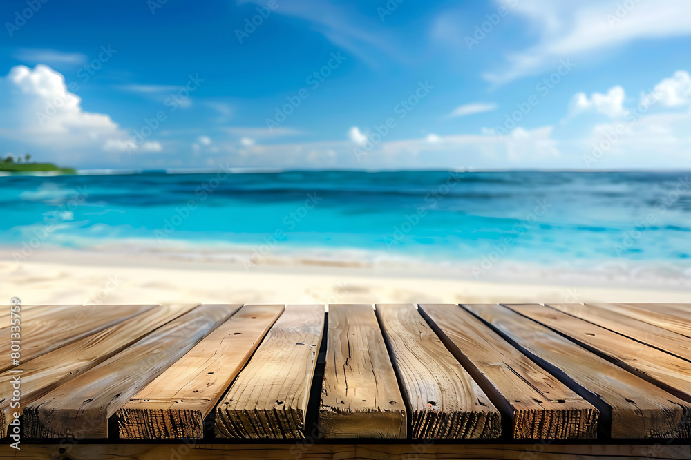 Empty wooden table on blurred tropical sea and sky background