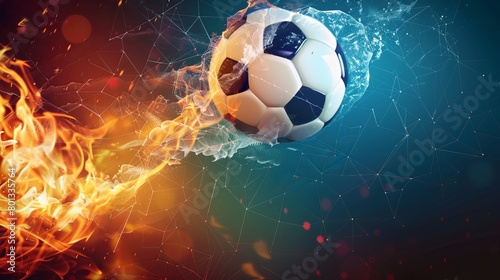 On an abstract polygonal background  there is a burning soccer ball and water with lightning all around. text spaced in a horizontal arrangement.