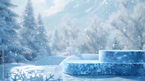 2 stacks mockup of  Blue Ice Podium, crystal clear, front view focus, amidst a Snowy Winter, magical and serene for cool tone products, banner for advertising © SJarkCube