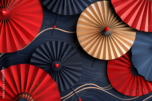 3D Modern Japanese template. Geometric background with umbrella and abstract elements. Chinese paper wallpaper