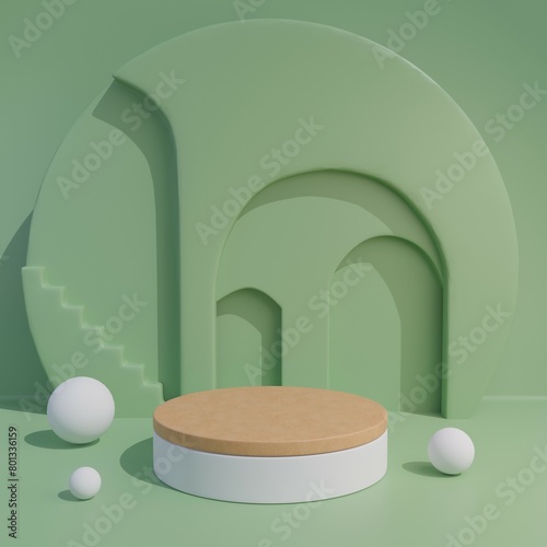 empty podium or pedestal display on green background whit sphere and visual element back photo