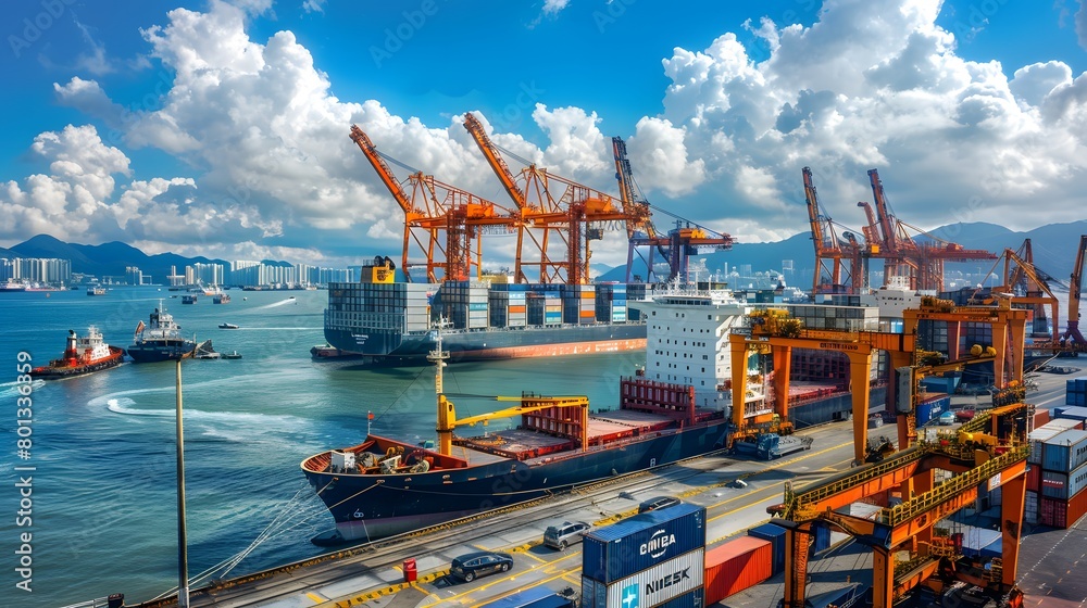 Bustling port with cranes and cargo ships under a blue sky