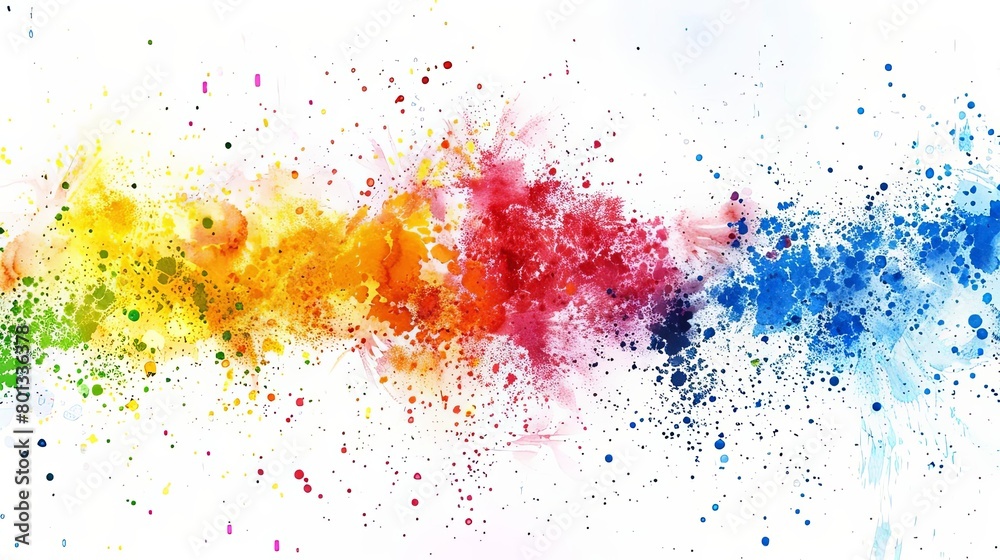 colorful paint splatters on a isolated background, with a paintbrush, a paintbrush holder, and a pa