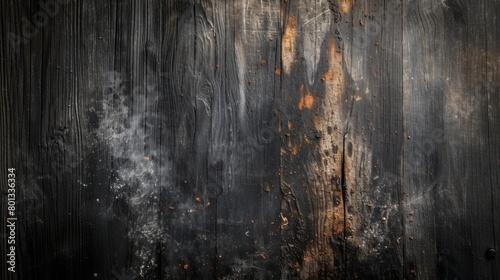 Aged and shabby surface of a charred wooden board with smoky remains