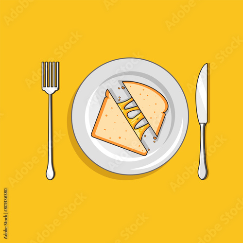 Sandwich cheese grilled illustration on set plate knife and fork