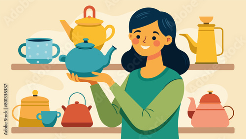 A woman smiling as she admires her thrifted antique teapot collection finding joy in the hunt for unique and affordable treasures.