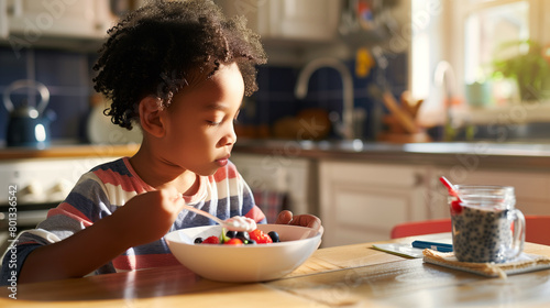 black child having breakfast eating yogurt with fresh fruit, sitting at the kitchen table. Healthy morning routine, breakfast with fresh fruit. Black child enjoying healthy food in the kitchen.