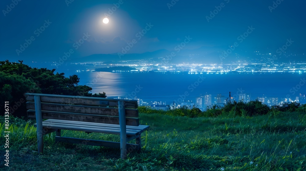Peaceful Moonlit Hillside Overlooking Distant City Lights and Coastline