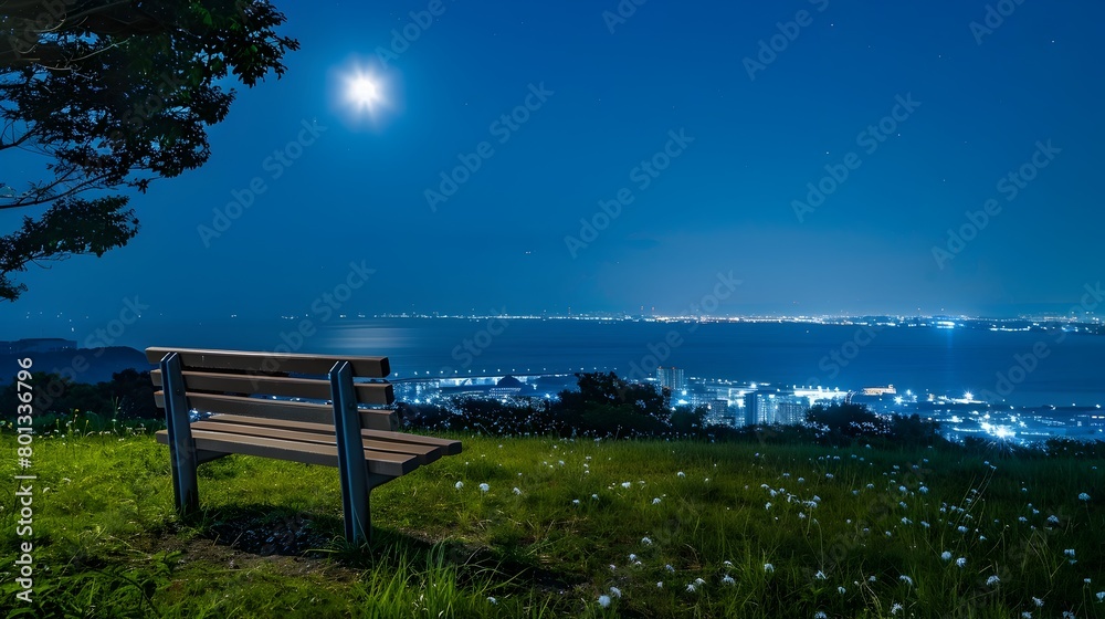 Moonlit Coastal Landscape with Bench on Grassy Hillside Overlooking City Lights Moonlit Coastal Landscape with Bench on Grassy Hillside Overlooking City Lights