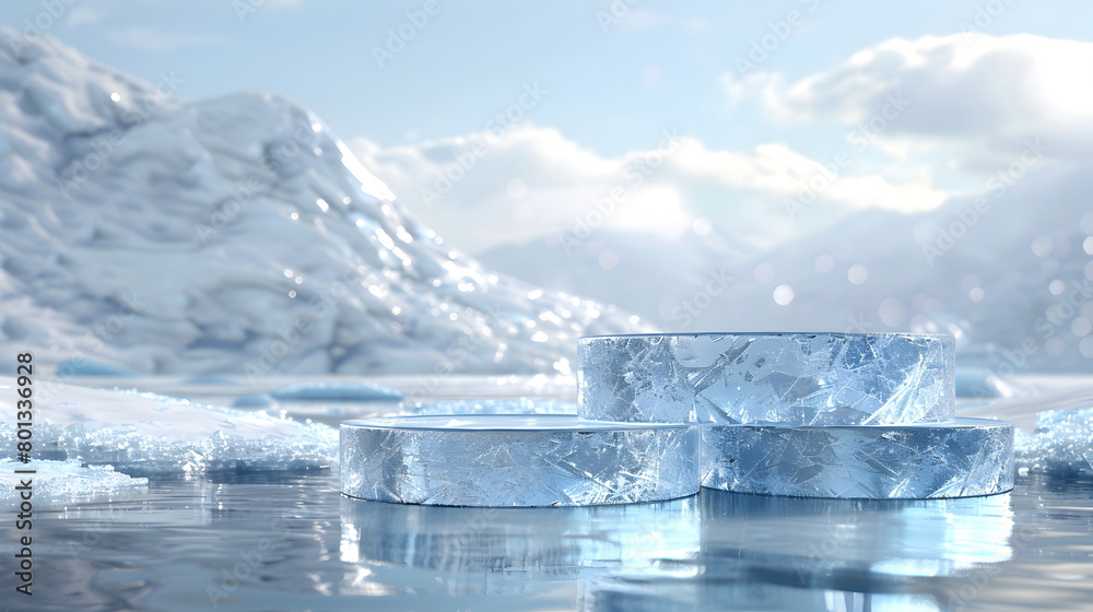 2 stacks mockup of Blue Ice Podium, crystal clear, front view focus, amidst a Snowy Winter, magical and serene for cool tone products, banner for advertising 2 stacks mockup of Blue Ice Podium, crystal clear, front view focus, amidst a Snowy Winter, magical and serene for cool tone products, banner for advertising