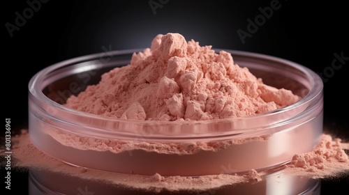 Cosmetic powder in a jar. The delicate texture of the loose powder, this photo is ideal for cosmetics retail, training and promotional materials on a dark background emphasizes the appeal .