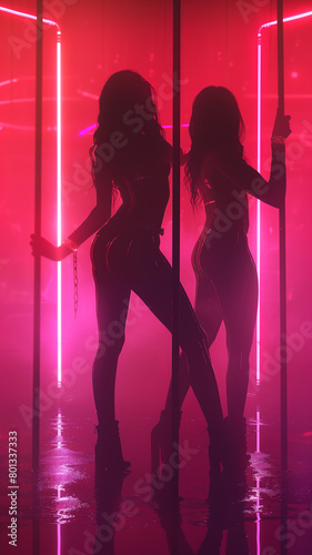Two women are dancing in a neon pink room. Hot party concept