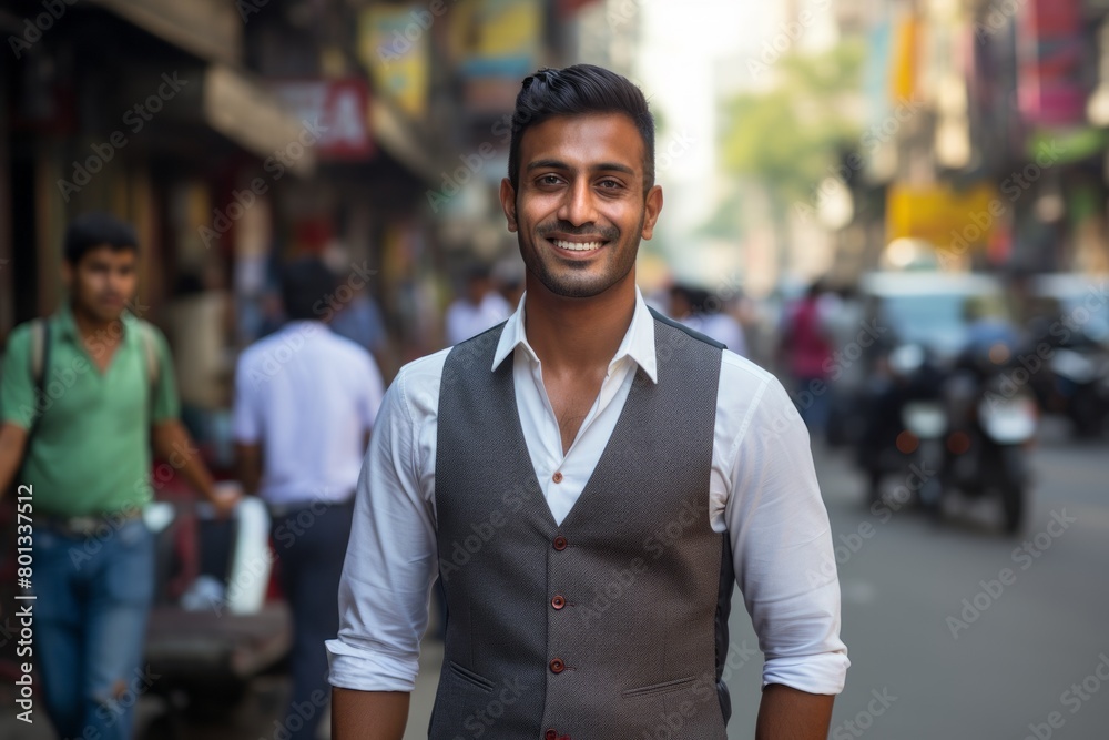 Portrait of a smiling indian man in his 30s dressed in a polished vest over busy urban street Portrait of a smiling indian man in his 30s dressed in a polished vest over busy urban street