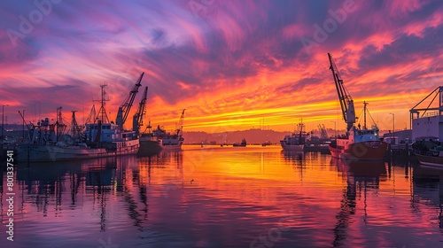 Colorful sunset at a bustling harbor