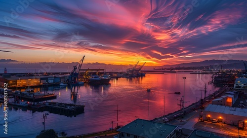 Dramatic sunset over a bustling port with vibrant skies