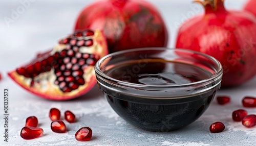 Pomegranate molasses in glass bowl with fresh whole and split fruit, pomegranate sour sauce on table photo