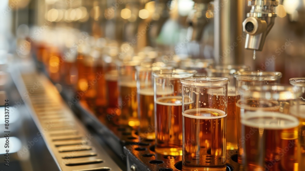 Quality Control: A real photo shot of quality control laboratories in the brewery, where samples of beer are tested for quality and consistency, maintaining naturalness in the laboratory setting.