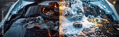 cleaning the engine of a car. Service for car washes both before and after. both prior to and following cleaning upkeep. cleaning the engine of a car. Car washing concept. photo