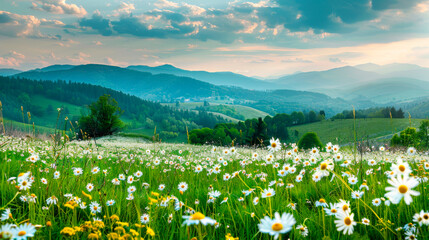 Fototapete Grün A beautiful field of daisies blooms under the sunlight, with majestic mountains in the background. The natural landscape creates a tranquil setting for people to enjoy  © Helen-HD