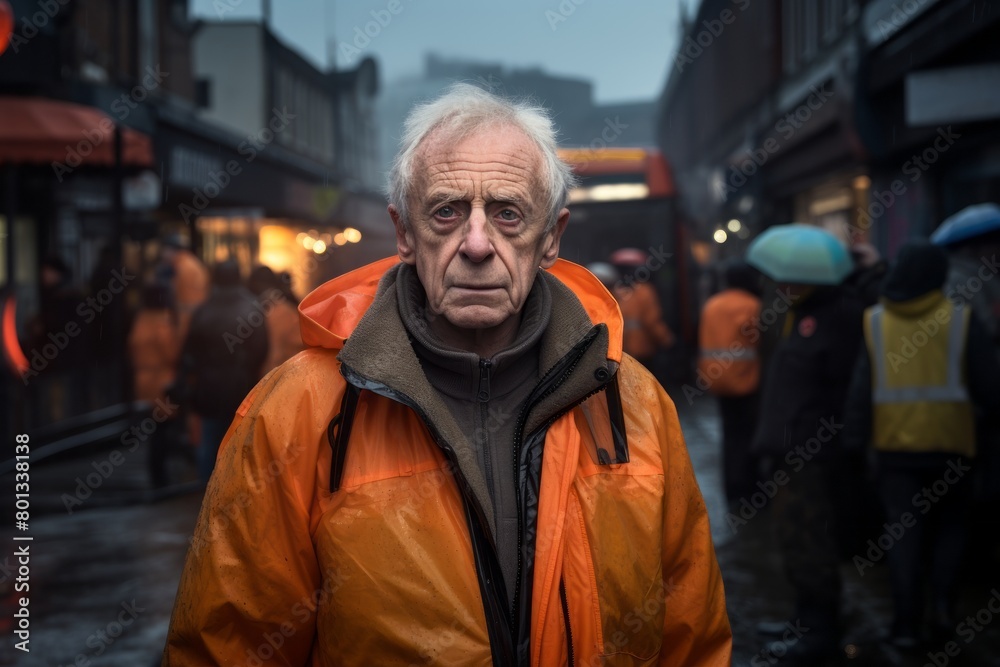 Portrait of a tender man in his 80s dressed in a water-resistant gilet isolated on busy urban street