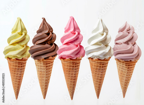 Soft serve ice cream of vanilla, strawberry, chocolate and green tea flavours on crispy cone, frozen custard in cone isolated on white background