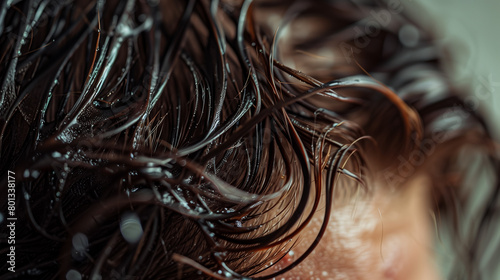 Close-up photograph of a greasy scalp, focusing on the oily hair roots, providing a detailed view of the scalp condition typically associated with excess sebum production.
 photo