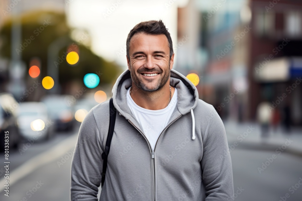 Portrait of a smiling man in his 40s sporting a comfortable hoodie in front of busy urban street Portrait of a smiling man in his 40s sporting a comfortable hoodie in front of busy urban street
